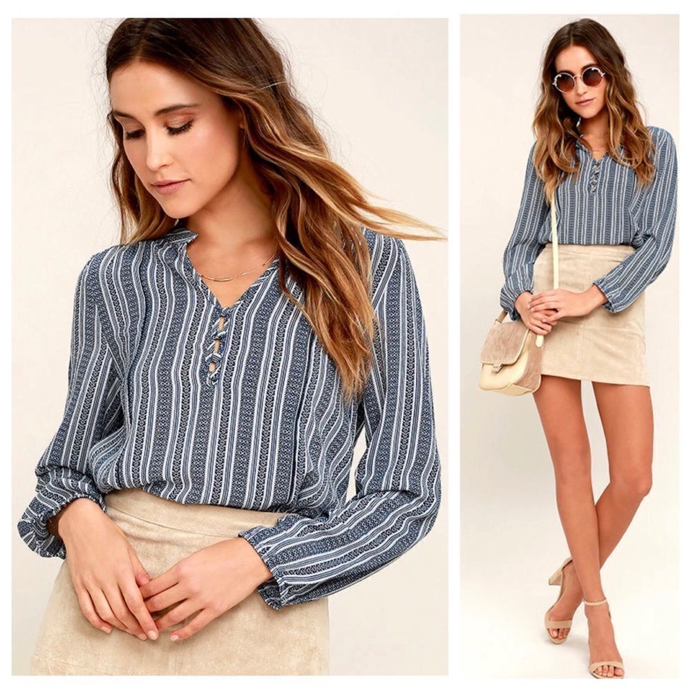 Lulus Sandy Shore Navy Blue Print Long Sleeve Top